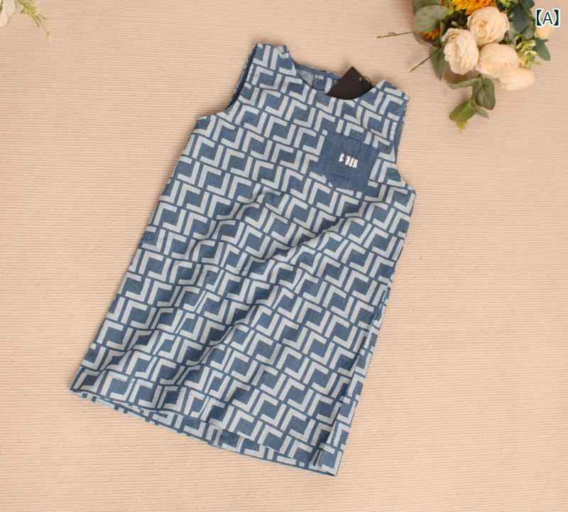 Dresses - 女の子 ワンピース 夏 無袖 牛仔 背心 タイプ 綿 薄手 プリンセス スカート 学院風 ニット コットン Aライン スカート 字母 柄 かわいい 女児 時尚 ドレス 100cm-150cm