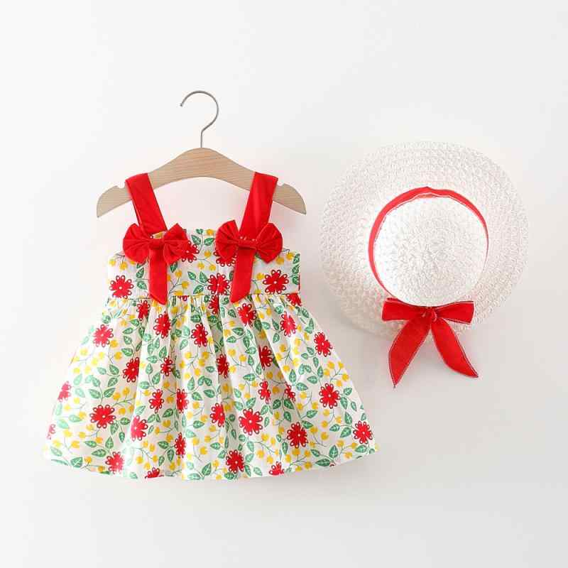 女児 ワンピース 吊り帯スカート 女の子 ベビー 子供服 花柄 蝶結び 肩紐 綿素材 柔らかい かわいい ピンク 赤 橘 夏服 プリンセススカート 韓風 1-3歳
