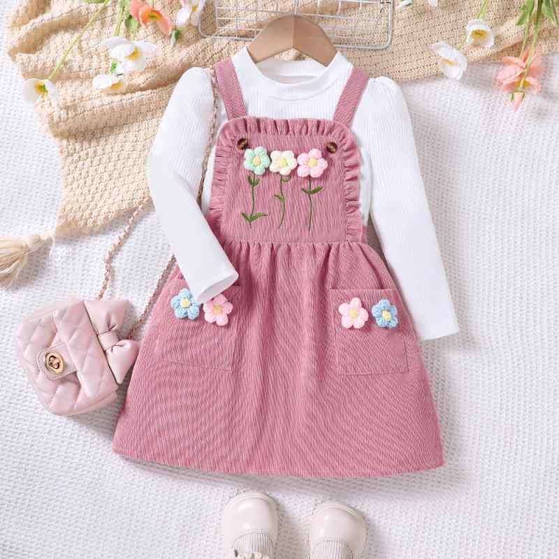 女の子 ワンピース ドレス ニット トップス セット 秋冬 秋 刺繍 花柄 綿混 ポリエステル ピンク 緑 ブラウン かわいい 普段使い 部屋着 軽量 伸縮性 3-8歳 100-140cm