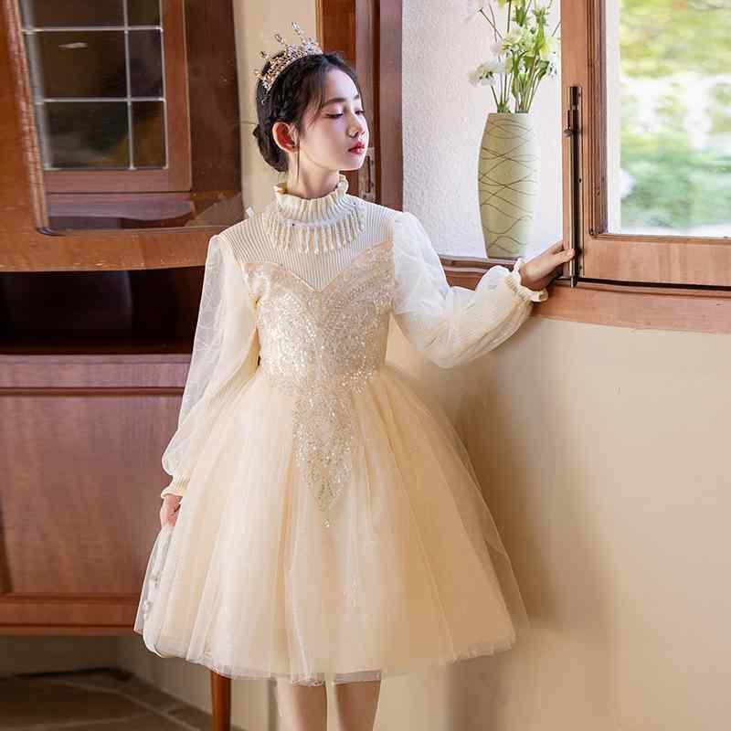 Rakuten - 女の子 ワンピース 子供 礼服 毛衣スカート 蓬蓬スカート プリンセスドレス 香槟 香槟色 香槟カラー コットン混紡 ポリエステル 100% 長袖 Aライン プリーツ加工 かわいい 純色 秋冬 春季 秋季 冬季 誕生日 宴会 パーティー 演奏会 鋼琴 演
