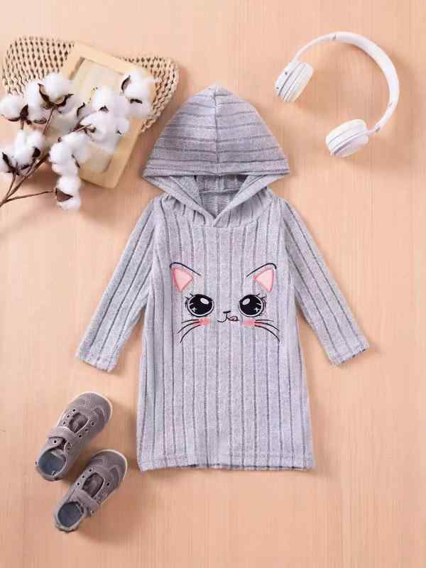 女の子 ワンピース 連帽 A字スカート 長袖 猫刺繍 かわいい 個性 カートゥーン 柄 ポリエステル 100% ニット生地 快適 赤 灰 3-4Y 4-5Y 5-6Y 7-8Y 9-10Y 春夏 秋冬