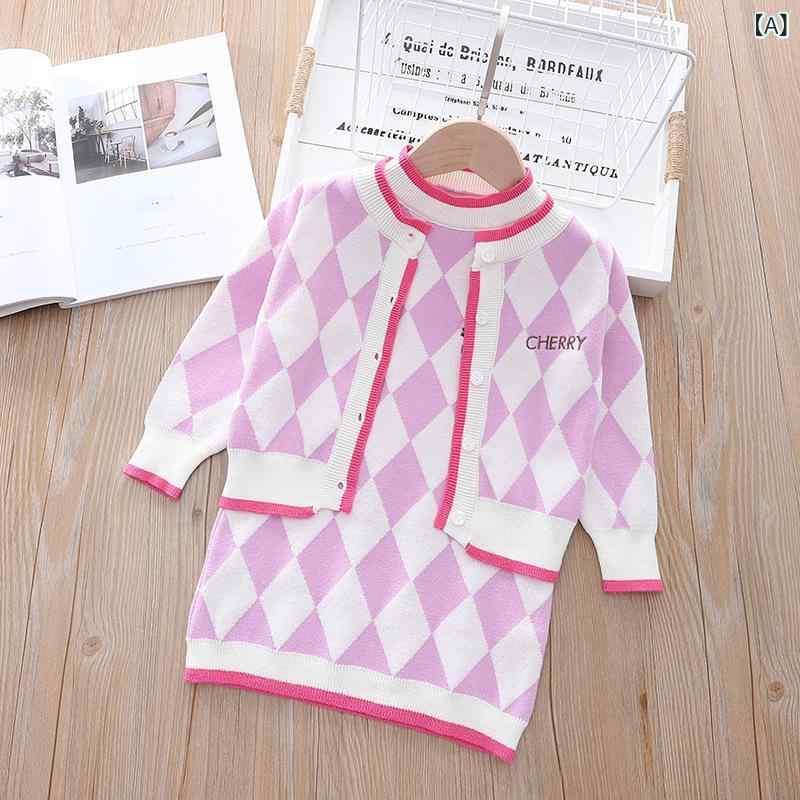 Dresses - 女の子 ベビー ワンピース ニット 菱格チェック 長袖 カーディガン セット A字 スカート 秋冬 ピンク ブルー 毛混紡 ポリエステル アクリル 女児 幼児 インファント 子供服 格子柄 長袖トップス ニットスカート コットン風 暖かみ ゆったり 普段