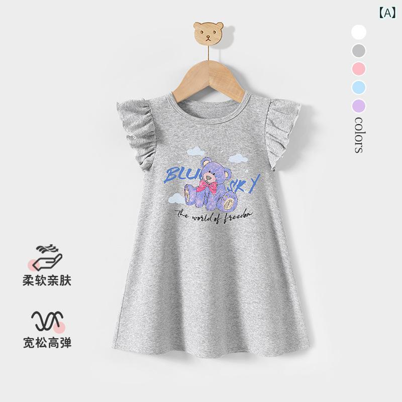 樂天商城 - 女の子 ワンピース 夏季 連衣裙 子供 スカート かわいい プリンセス デザイン 飛袖 A字スカート 無袖 コットン 柔軟素材 カードゥ プリント スカイベア フラワーカー アップルバニー ピンク ラビット ライトパープル カラー 3-8歳 100-14