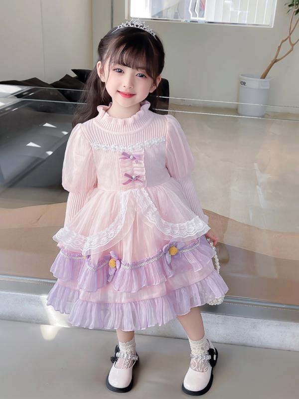 女の子 ワンピース 長袖 冬用 厚手 暖か プリンセス スカート ロリータ スタイル コットン 混紡 ポリエステル 100% ピンク かわいい カードプリント 秋冬 春秋 3-8歳 100-140cm 誕生日 パーティー ギフト 日常 着用 軽量 柔らか