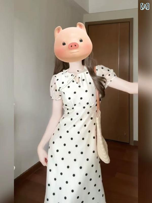Other - ワンピース 女性用 白色 波点 プリンセス袖 Aライン 中長丈 夏 アイスクリームカラー 涤纶 接触冷感 軽量 通勤 気質 優雅 フレンチスタイル 海辺 ビーチ リゾート かわいい シンプル 涼しい 日常使い