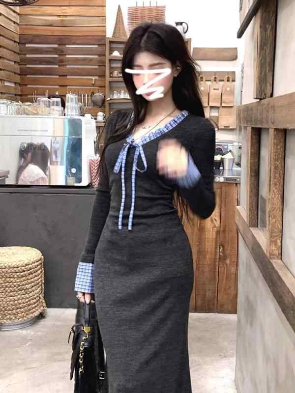 Other - ワンピース レディース Vネック ニット 長袖 長丈 スカート 格子柄 切り替え デザイン 高腰 Aライン シルエット 収腰 包臀 スタイル 涤纶 素材 免烫 加工 レース 装飾 深灰 色 清新 甘美 スタイル 温柔 風 秋季 シーズン 気質 服 女性用