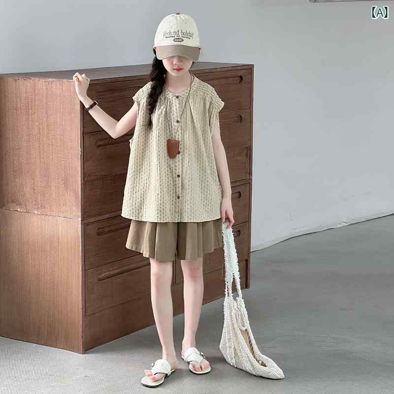 女の子 トップス ショーツ セット 夏季 無袖 綿 素材 純色 柔らかい 肌触り 短パン スタイル 夏服 子供服 女児 服装 セットアップ かわいい デザイン 日常使い 通気性 軽量 120cm 130cm 140cm 150cm 160cm 170cm