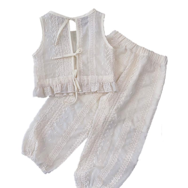 女の子 トップス セット 無袖 丸首 後ろ紐 ランプパンツ 韓国風 刺繍 ベビー服 夏服 綿混紡 米 ボヘミアン ボリューム袖 ゆったり かわいい 普段使い 3〜8歳 100〜140cm