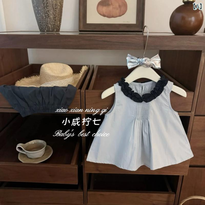 Rakuten - 女の子 キャミソール セットアップ 夏 無袖 トップス 短パン 綿素材 柔らかい 薄手 かわいい 森ガール 田園 親子 プリンセス トレンド 純色 3〜8歳 80〜130cm ブルー