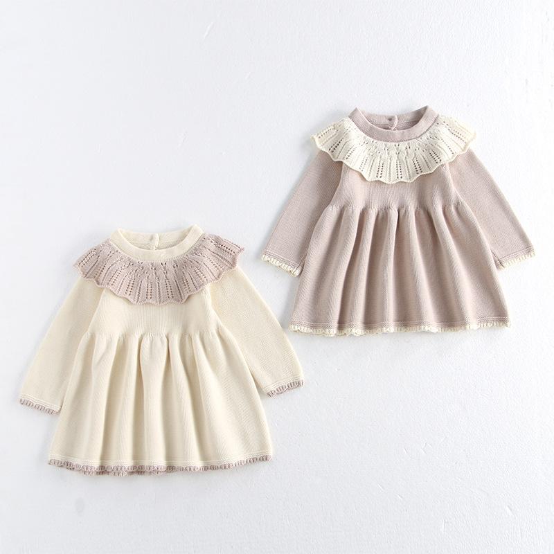 樂天商城 - 女の子 ワンピース 秋装 コットン 100% 長袖 プリンセススカート 春秋 冬 柔らかい 生地 処理 ベビー 1-3歳 80-100cm 浅米 色 ミルクティー 色 赤 色 純色 柄 かわいい 洋気 外出 普段使い トップス 連衣裙 針織 毛衣 小童