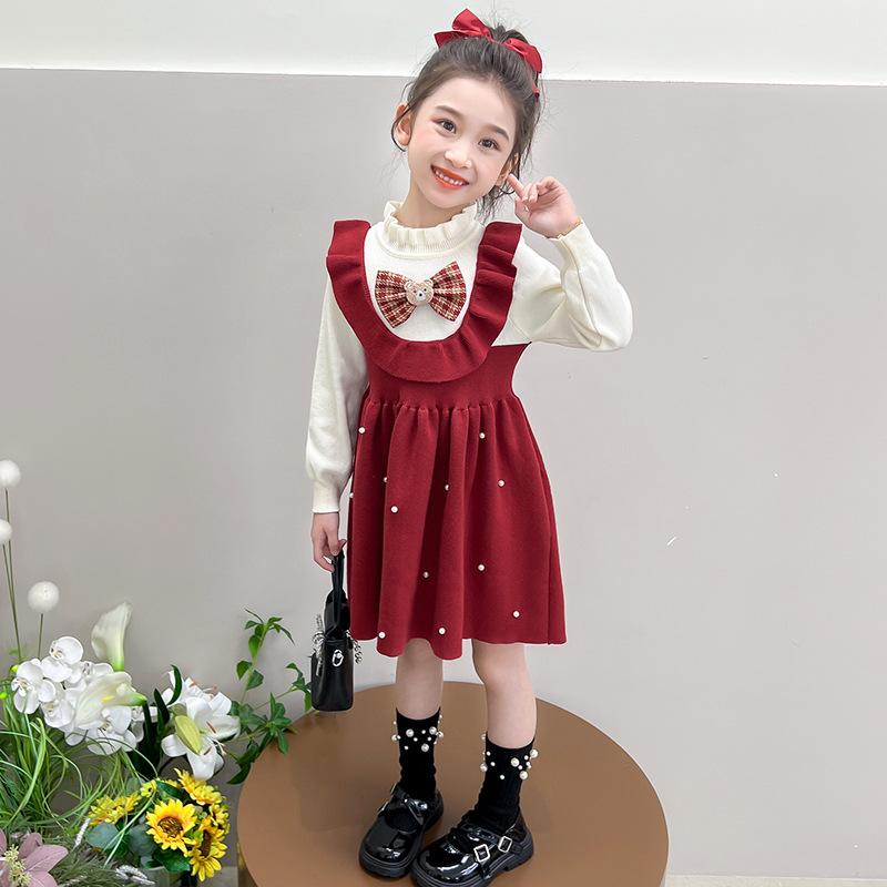 Rakuten - 女の子 ワンピース 秋冬 純色 ビーズ ニット 長袖 学院風 蝴蝶結 ワイド プリンセス スカート 荷葉辺 かわいい 化繊 アクリアン 60% 3-8歳 100-140cm 枣紅 ピンク 90-140cm 女児 ドレス フリル ヘム ゆったり ニット素材