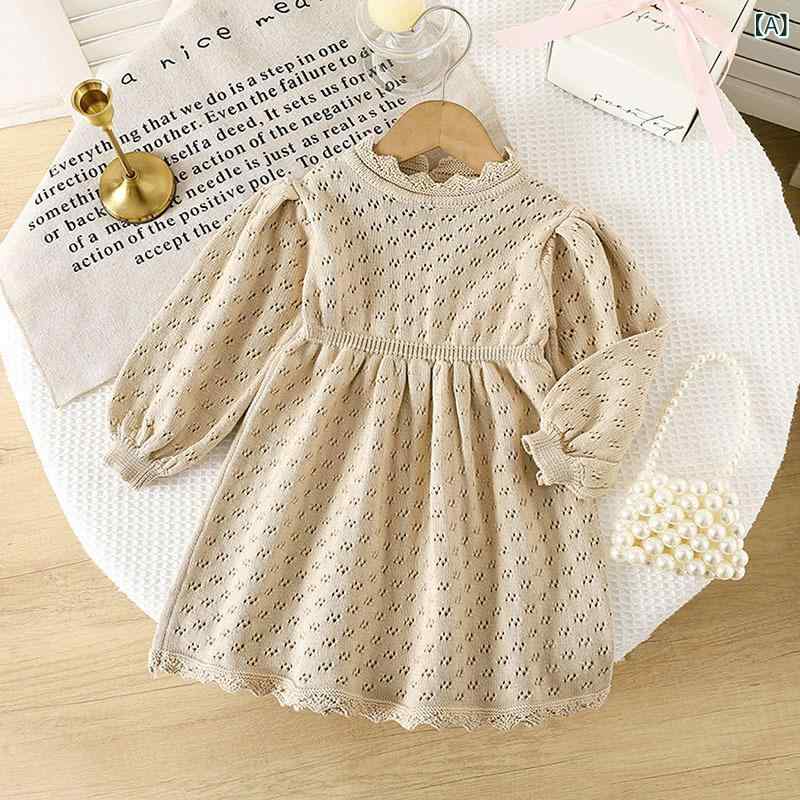 Dresses - ワンピース 女の子 秋冬 長袖 ニット 綿 100% 花辺 A字 スカート 柔らか素材 純色 かわいい 3-8歳 外出用 日常着 春秋 韓国風 ベビー 子供服 潮范 スタイル
