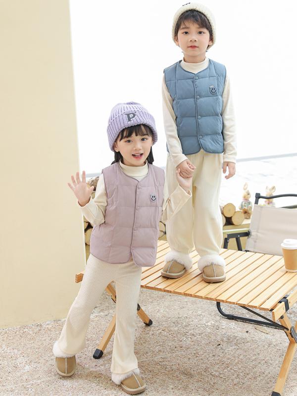 キッズ 男の子 女の子 ダウン ベスト 秋冬 軽量 化繊 ポリエステル 100% 毛内胆 50% 白鴨絨 単排扣 開衫 無帽 紫 藍 粉 柔軟加工 普通厚 純色 90-130cm 身長80-120cm ユニセックス 韓風 赤ちゃん 幼児 ベビー 児童 軽