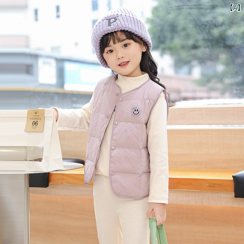 キッズ 男の子 女の子 ダウン ベスト 秋冬 軽量 化繊 ポリエステル 100% 毛内胆 50% 白鴨絨 単排扣 開衫 無帽 紫 藍 粉 柔軟加工 普通厚 純色 90-130cm 身長80-120cm ユニセックス 韓風 赤ちゃん 幼児 ベビー 児童 軽 2