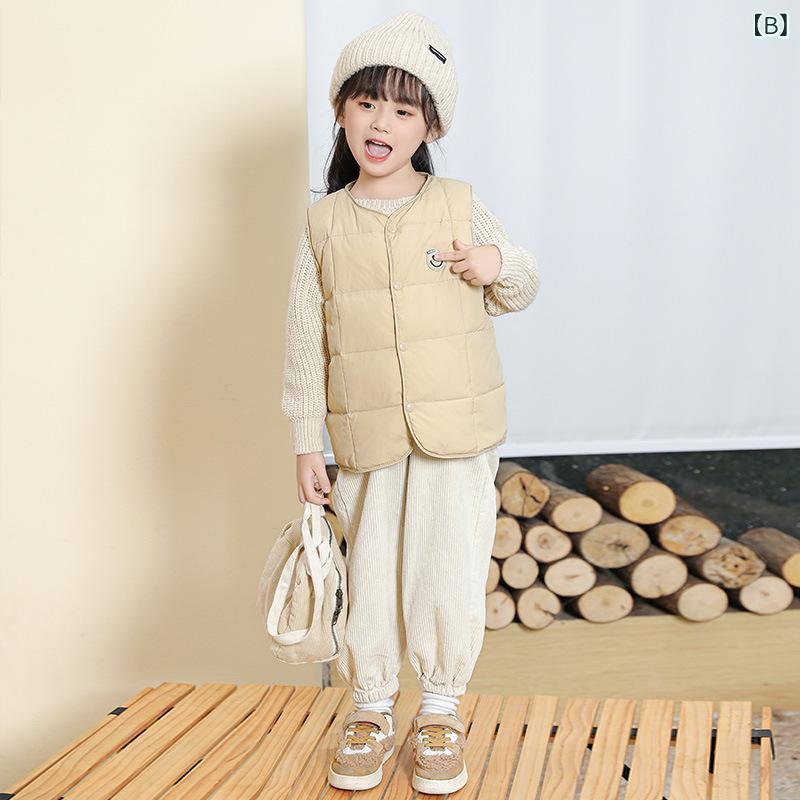 キッズ 男の子 女の子 ダウン ベスト 秋冬 軽量 化繊 ポリエステル 100% 毛内胆 50% 白鴨絨 単排扣 開衫 無帽 紫 藍 粉 柔軟加工 普通厚 純色 90-130cm 身長80-120cm ユニセックス 韓風 赤ちゃん 幼児 ベビー 児童 軽 3