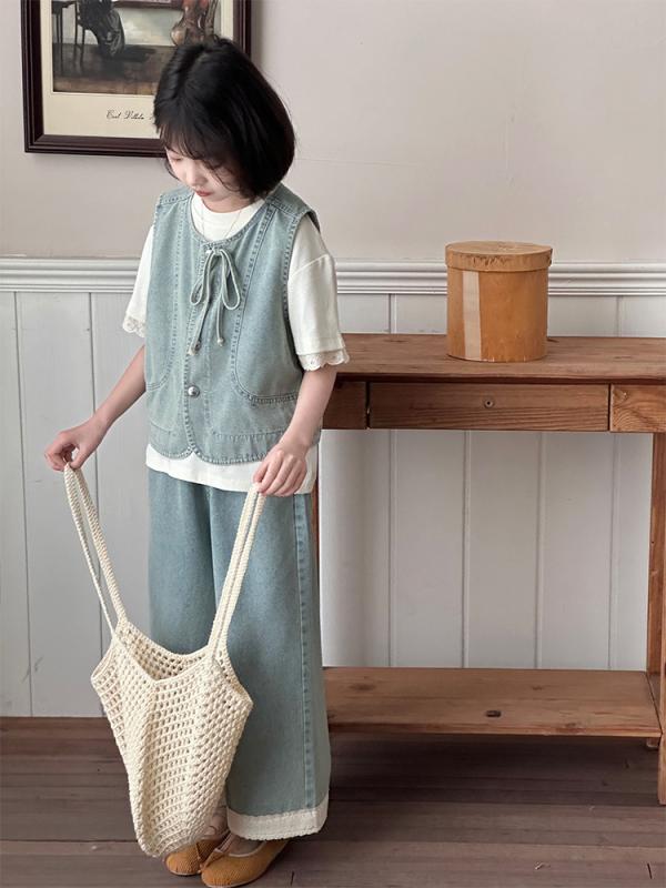 女の子 トップス 牛仔马甲 短袖 Tシャツ 短パン セット 夏 綿 素材 柔らかい 薄手 純色 シンプル カジュアル 韓国風 子供服 大きめサイズ 120cm 130cm 140cm 150cm 160cm 170cm