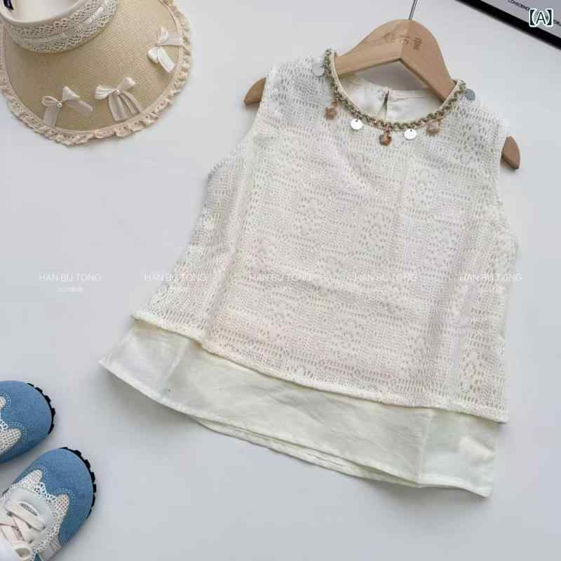 女の子 夏服 ボヘミアン セットアップ 2026年 洋気 偽ツーピース ノースリーブ 上衣 デニム ショートパンツ 2点セット 綿 ポリエステル 薄手 柔らかい 酵素洗い 無地 杏色 夏用 120cm 130cm 140cm 150cm 160cm 17