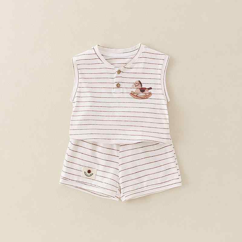 キッズ 男の子 女の子 2点セット 夏服 無袖 背心 短パン 綿素材 100% 透気性 涼しい 薄手 柔らかい 条紋柄 外出着 ベビー 幼児 1-3歳 ユニセックス 休闲スタイル 日常使い 室内外