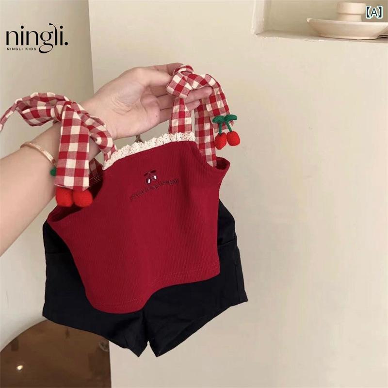 女の子 背心 トップス 吊り帯 無袖 上衣 夏服 かわいい セット 綿 素材 薄手 柔らかい 生地 純色 赤 黒 短パン 田園 柄 カード 柄 蝶結び 潮 スタイル 3-8歳 中小童 90-140cm 身長 対応 女児 キャミソール 姫 風 コットン 9