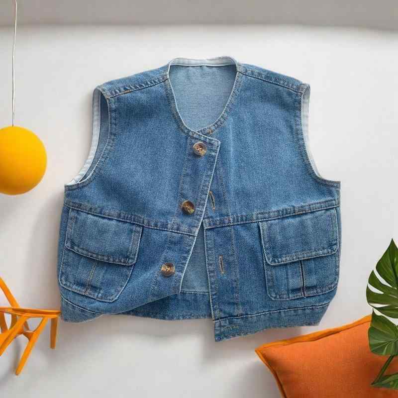 キッズ 男の子 女の子 デニム ベスト コットン 柔らかい 開襟 シングルブレスト ボタン 春季 秋季 潮風 スタイル トップス 子供服 ユニセックス 児童用 普段使い 軽量 伸縮性 綿素材 スタイリッシュ ベビー キャミソール ジャケット