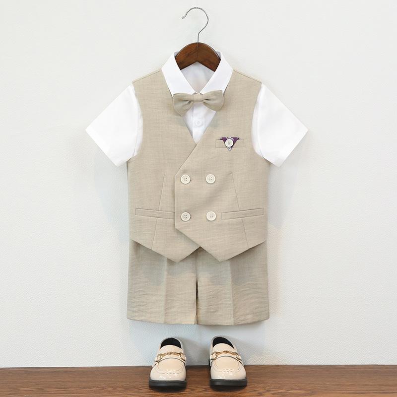 キッズ 男の子 ベスト セット 夏 礼服 演出服 スーツ シャツ 長ズボン 短パン ネクタイ 吊りバンド 灰色 緑 茶色 3〜8歳 酵素洗 ポリエステル混紡 軽量 通気性 フォーマル 結婚式 発表会 写真撮影 韓流スタイル