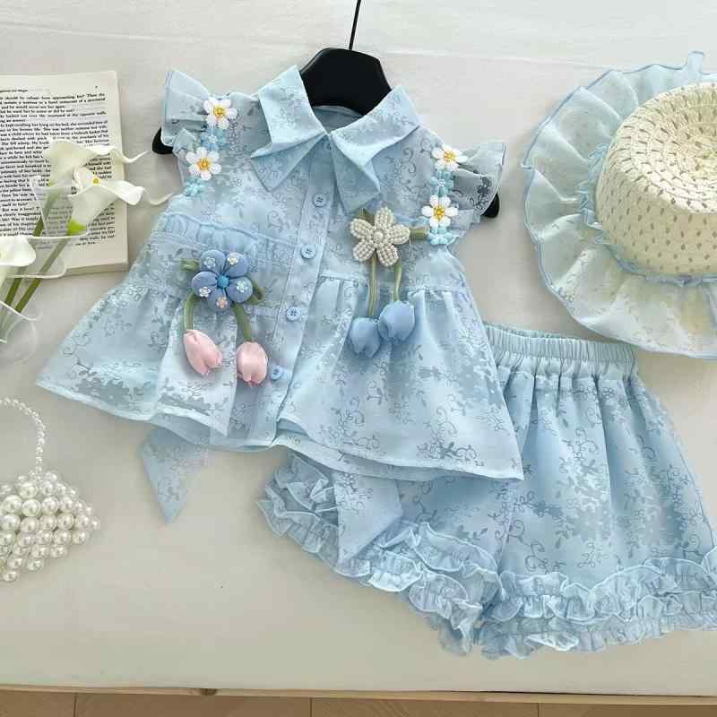女の子 トップス セット 夏用 学院風 フレアスリーブ 花柄 シャツ 花辺 ショートパンツ プリンセス スタイル 2点セット ポリエステル 柔らかい 薄手 花柄 花辺 かわいい 韓国風 女の子 夏服 日常着 涼しい 花柄デザイン フレア袖 プリンセス風