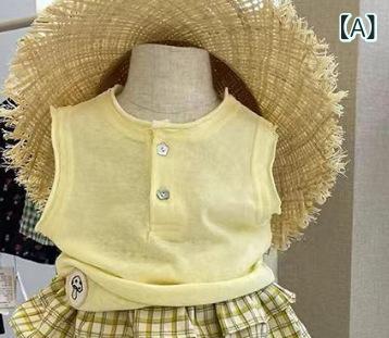 乐天商城 - 女の子 トップス 無袖 背心 セット 長ズボン 田園 かわいい 黄色 格子 柄 薄手 コットン 混紡 柔らかい 素材 薄型 春夏 夏季 純色 カード 柄 キャラ 柄 日常 遊び着 子供服 女児 3-8歳 80-140cm 身長 対応 軽やか 涼しい 生地