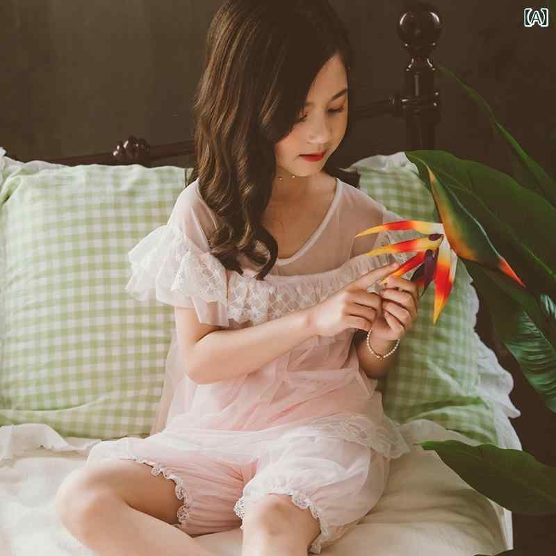 女の子 部屋着 短袖 セットアップ 夏季 薄手 かわいい プリンセス 柄 モダール 100% 粘液繊維 柔らかい レース 網纱 ピンク ライトブルー 女児 学生 薄款 寝間着 ホームウェア 甘い スタイル 通気性 涼しい 夏用 女の子用 子供服 インナー 2