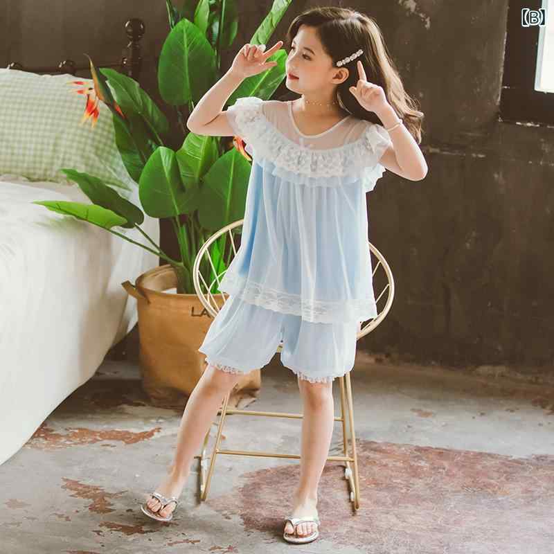 女の子 部屋着 短袖 セットアップ 夏季 薄手 かわいい プリンセス 柄 モダール 100% 粘液繊維 柔らかい レース 網纱 ピンク ライトブルー 女児 学生 薄款 寝間着 ホームウェア 甘い スタイル 通気性 涼しい 夏用 女の子用 子供服 インナー 3