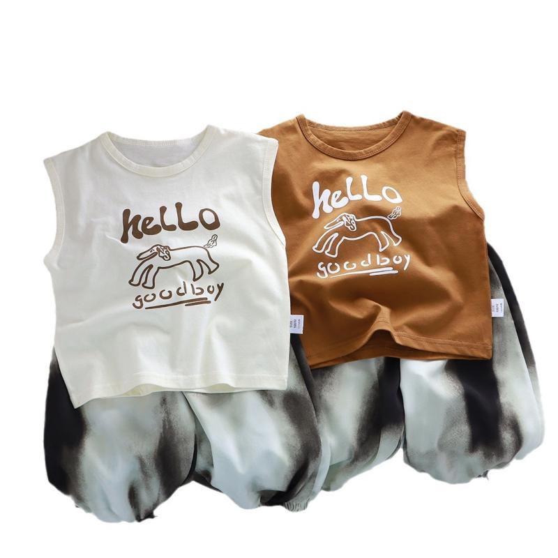 子供 無袖Tシャツ セット 男の子 女の子 夏 純綿 薄手 柔らかい 綿素材 九分 灯笼パンツ ハーフパンツ 丸み シルエット 杏 ブラウン アルファベット プリント スタイリッシュ ユニセックス 3-8歳 80-160cm