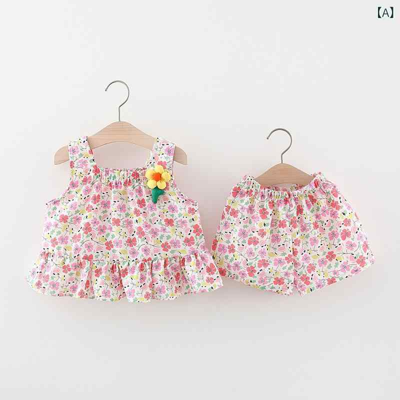 女の子 トップス 吊帯 短パン セット 夏服 かわいい 小花柄 フリル 綿素材 柔らか...