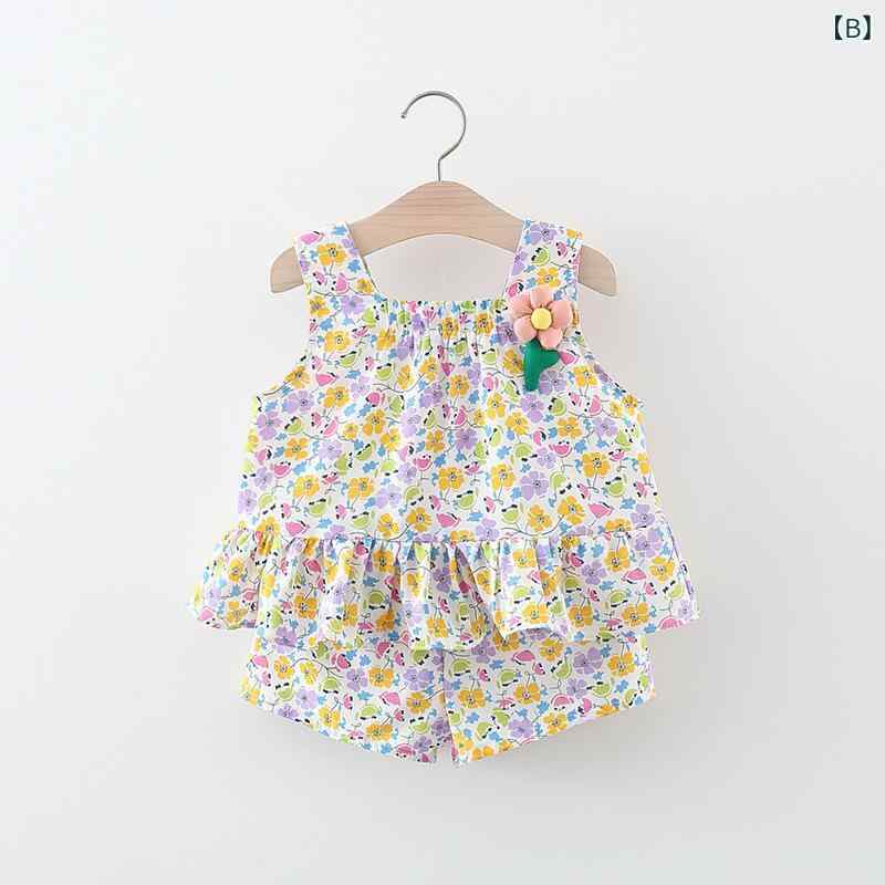 女の子 トップス 吊帯 短パン セット 夏服 かわいい 小花柄 フリル 綿素材 柔らか...