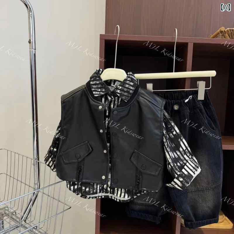 キッズ 男の子 皮革風 ベスト シャツ セット 秋冬 春季 長袖 コットン ポリエステル 柔らかい素材 普通厚 シングルボタン ピジョンカラー 3-8歳 80-140cm サイズ展開