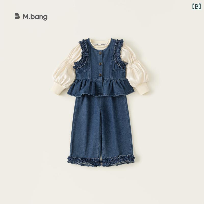 女の子 キッズ 秋服 デニム セットアップ 3点 花辺 レース ワイドパンツ ベスト 長...