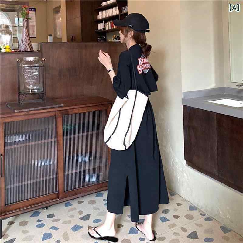 ワンピース 女性用 夏 短袖 中長丈 連衣裙 開き デザイン コットン ポリエステル 印花 文字柄 丸首 ゆったり腰 黒 杏色 爽やか 甘め スタイル 清新風 セット頭 シングルピース ロングスカート