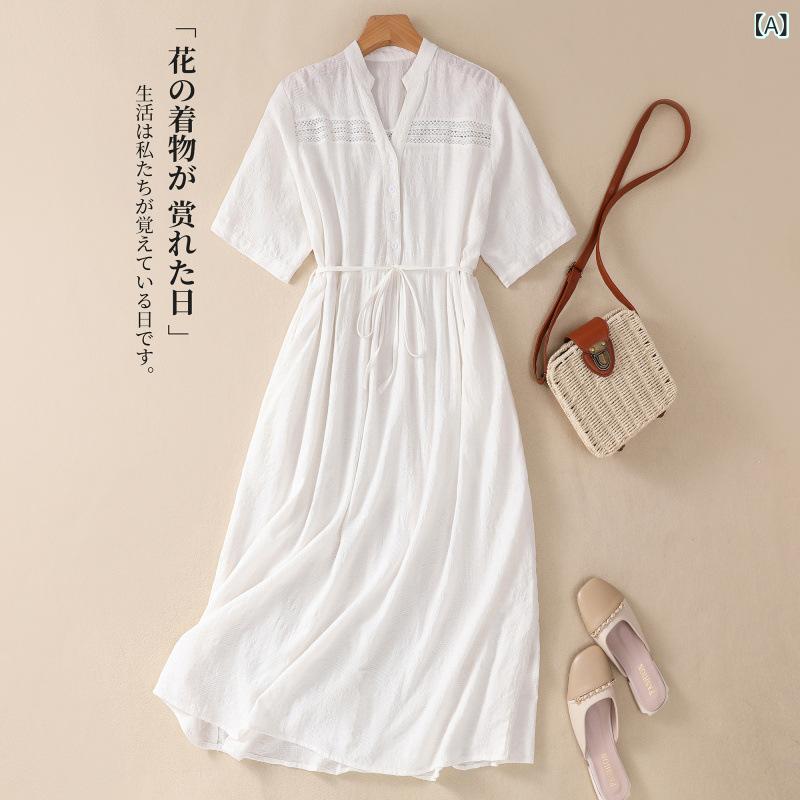 乐天商城 - ワンピース レディース 夏 春夏 白 純色 綿 ポリエステル 素材 ゆったり デザイン Vネック 半開き 短袖 系帯 調整 腰 切り替え 刺繍 加工 荷葉辺 スカート 中長丈 快適 ゆったり シルエット 日常 着用 コーディネート 人気 スタイル 軽やか