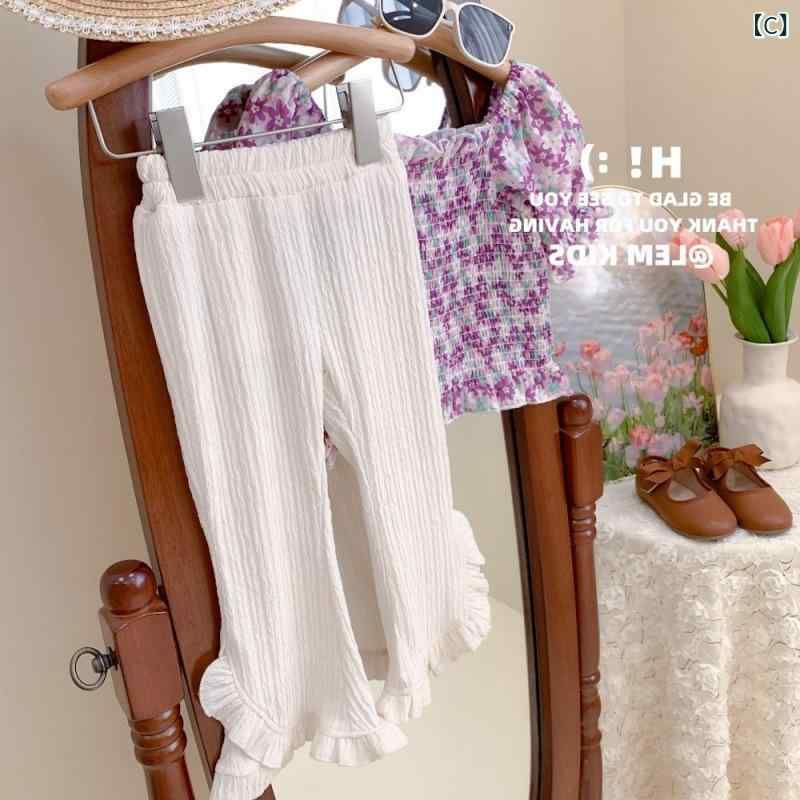 女の子 長ズボン 喇叭パンツ 韓風 かわいい 花辺 立体 条紋 質感 弾力 灯芯绒 リネ...