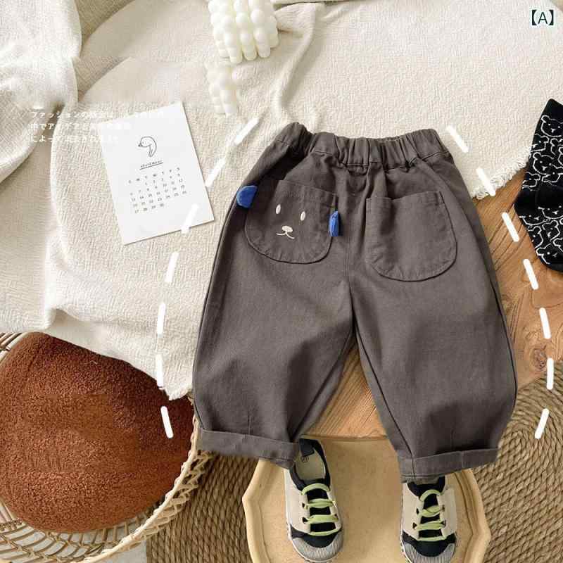 Long-Trousers, Trousers - 子供 長ズボン 男の子 女の子 綿 素材 春秋 季節 かわいい カード 柄 耐汚 柔軟 加工 韓国 スタイル ココア 色 中腰 デザイン 面ファスナー 腰紐 長丈 タイプ 3-8歳 対応 日常 着用 アイテム 汎用 スタイル