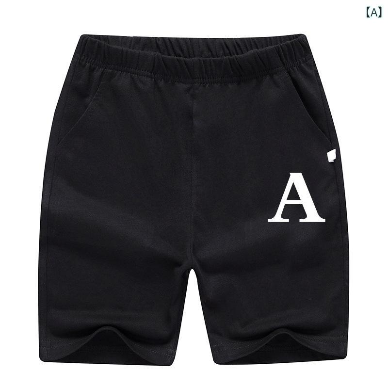 Long-Trousers, Trousers - 男の子 短パン 学生 運動 夏 綿 素材 柔軟 加工 純色 アルファベット 柄 中腰 ゴム ウエスト 黒 グレー ネイビー 130-170cm 対応 8-15歳 大きめ 子供 スポーツ 学校 普段使い 軽量 通気性 速乾 機能 単色 プリント デザイン