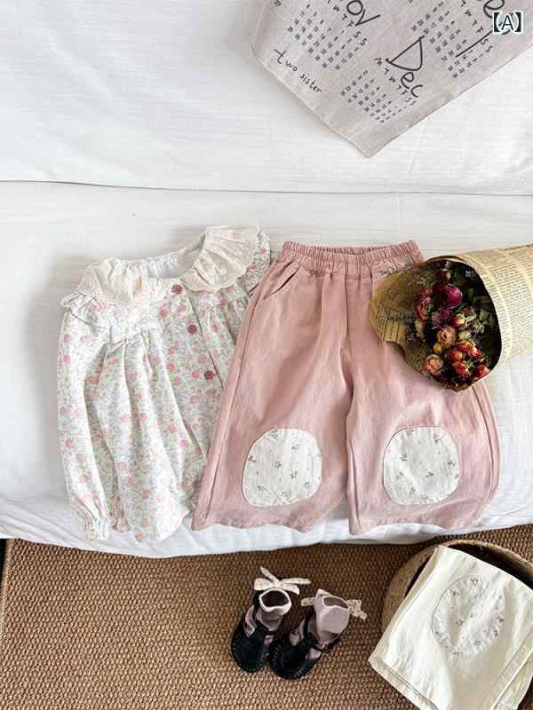 Long-Trousers, Trousers - 女の子 ズボン 韓流 コットン 秋 長ズボン 田園風 コーディネート スタイリッシュ ストレート プリント ワイドレッグ 柔らかい かわいい 印花 トレンド ミッドライズ ゴムウエスト ピンク 卡其