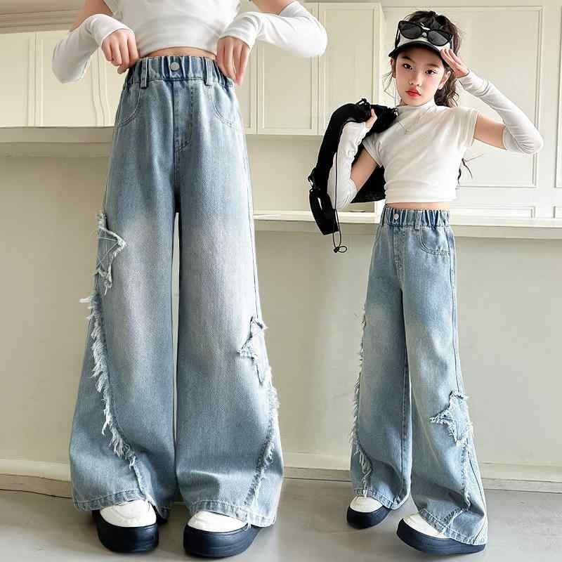 Long-Trousers, Trousers - 女の子 デニムパンツ 春秋 春夏 秋冬 キッズ 子供服 ワイドレッグ ストレート 長ズボン 綿素材 柔らかい 酵素洗い 純色 ブルー 中腰 ゴムウエスト 120cm 130cm 140cm 150cm 160cm 170cm 通学 普段使い 学校 遊び
