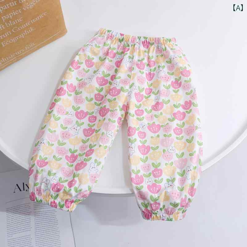 Long-Trousers, Trousers - 女の子 防蚊パンツ 子供 女童 薄手 綿 灯笼パンツ ベビー 夏用 長ズボン 流行 ピンク系 柔らかい 花柄 プリンセス 風 長め ソフト 花 ガールズ ガウチョパンツ 虫除け ガード 軽やか コットン 100% フレキシブル ロング ボトムス プリント