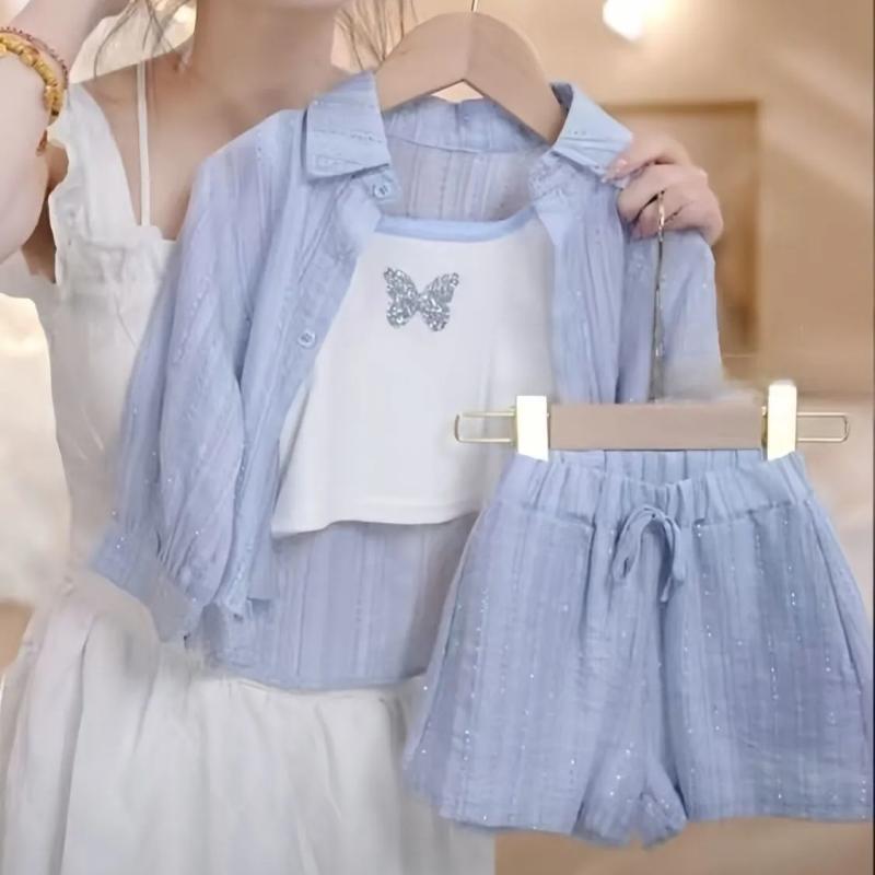 Rakuten - 女の子 服 防晒 セットアップ 夏服 薄手 長袖 シャツ かわいい 短パン 3点セット ポリエステル 柔らかい 生地 カードプリント シンプル 自然 スタイル 3〜8歳 100〜140cm 対応