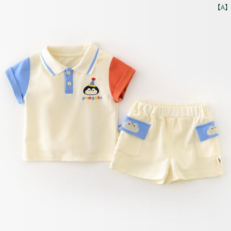 ベビー キッズ 夏服 セットアップ 男の子 女の子 短袖 ポロシャツ 短パン 綿混紡 柔らかい 生地 普通厚 かわいい ペンギン 刺繍 柄 ユニセックス 1-3歳 80-100cm 通気性 肌触り良い カジュアル 日常使い コーディネート