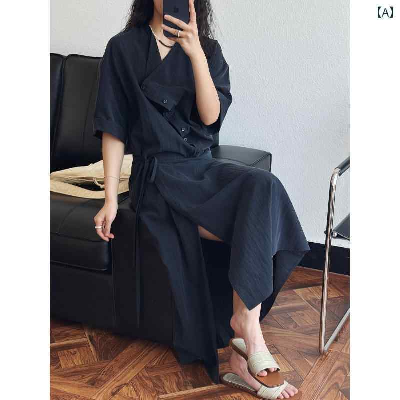 レディース ワンピース 夏 長袖 Vネック Aライン 切り替え セットインスリーブ 調整可能ウエスト 垂感素材 腈纶混紡 ブラック 卡其緑 黒 緑 ゆったりシルエット 日韓カジュアル 気質ロングドレス 滑らか生地 純色 セットオン 杭州産 2