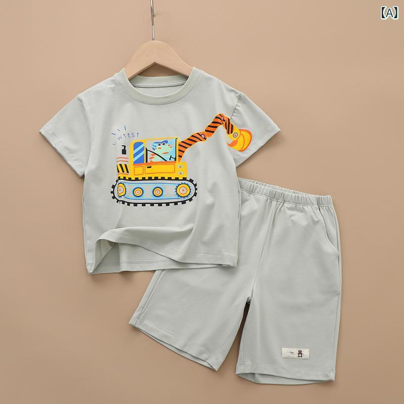 キッズ 男の子 半袖 Tシャツ 5分丈 ショートパンツ セット 綿 接触冷感 薄手 動物 プリント 夏 緑 白 グレー