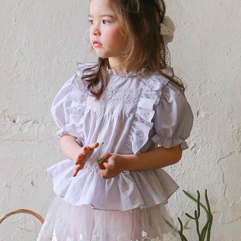 Other - 女の子 シャツ 子供服 ピンク 米白 紫 短袖 立領 レース 収腰 綿 柔軟 かわいい ボヘミアン ガーリー ガーデン プリンセス モード 欧米風 夏 90-150cm