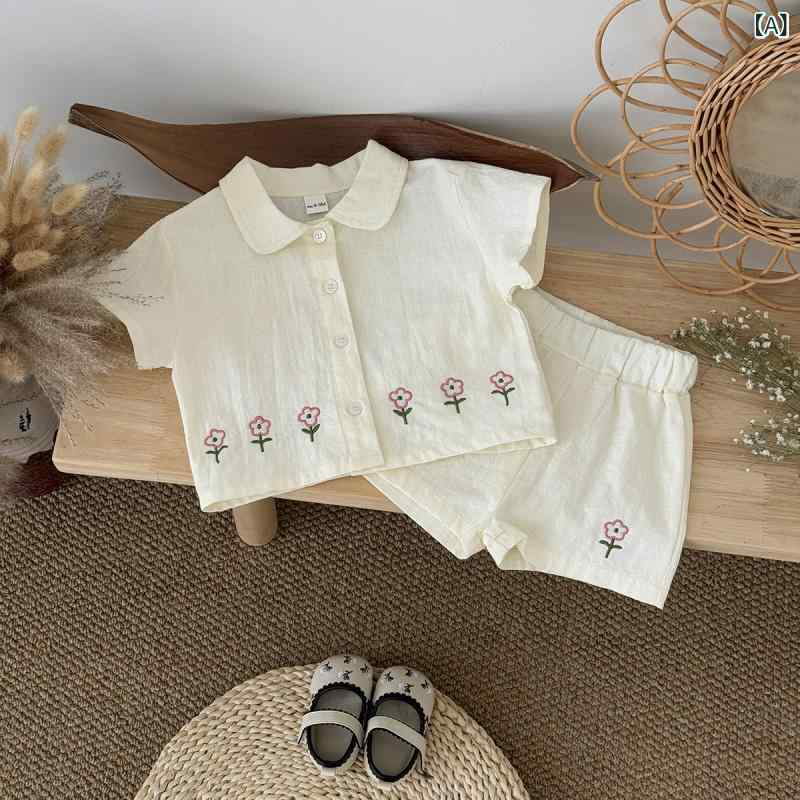 キッズ 女の子 ベビー 薄手綿 かわいい 刺繍 花柄 開衫 シャツ 短パン セット 夏服 ユニセックス 柔らかい 生地 短袖 薄型 杏 花 柄 花柄 刺繍 刺繍 デザイン コットン 100 ボタン 留め 休日 遊び着 保育園 服 子供服 ベビー服 女の