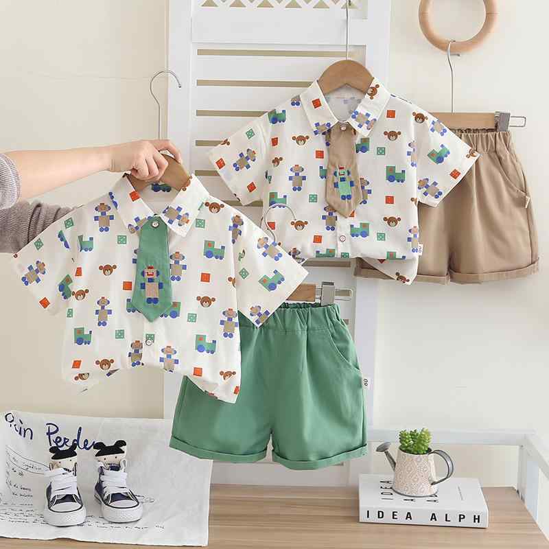 男の子 夏服 セットアップ 短袖 シャツ 短パン 綿 95% 柔軟 加工 酵素 洗い 液氨 処理 普通 厚み カード 柄 プリント スポーツ スタイル かわいい 緑 卡其 夏 3-8歳 80-120cm 通気 性 速乾 軽量 カジュアル 日常 遊び着