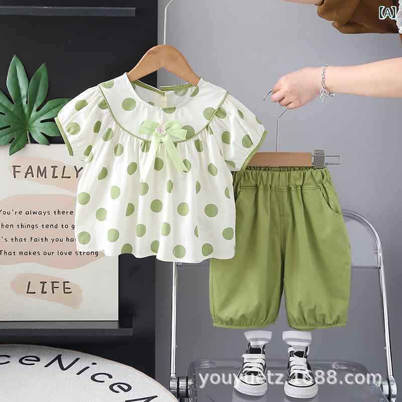 Blouses, Shirts - 女児 シャツ ランプパンツ セット ベビー 女の子 短袖 灯籠パンツ 春夏 夏 綿素材 柔らかい 薄手 かわいい ポルカドット柄 緑 茶色 80cm 90cm 100cm 110cm 120cm 1-3歳 日常着 遊び着 通気性 伸縮性 軽量 カード キ